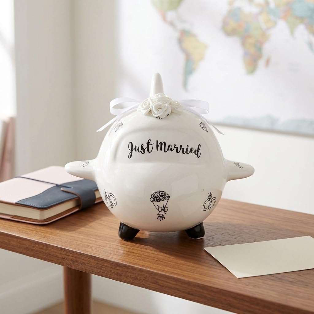 MIJOMA Salvadanaio per matrimonio a risparmio di matrimonio: salvadanaio originale con lucchetto, Just Married in ceramica, perfetto per coppie sposate e volpi (aereo nuziale)