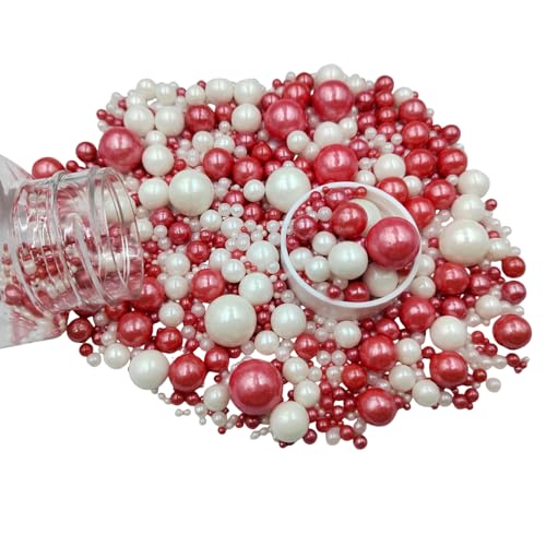 Image of Edible White Red Sugar Pearls Candy Sprinkles 120G / 4.23Ounce Baking Cake Sprinkles Cupcake and Cake Topper Cookie Decorations Wedding Party Valentines Halloween Christmas Supplies