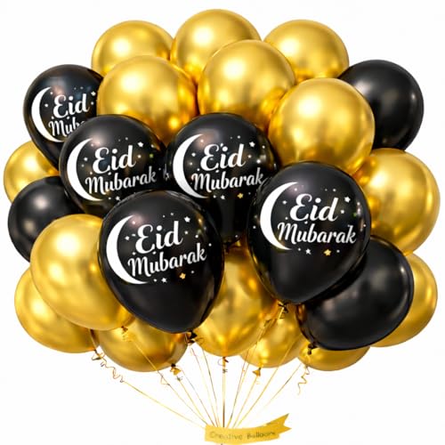 Eid Mubarak Gold Black Balloons 10inch 36pcs Eid Decorations Latex Party Balloon For Happy Eid Al-Fitr & Eid Al-Adha Celebrations Kit with Moon & Star for Eid Party Decoration Islamic Decoration