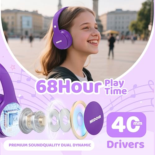 Image of MIDOLA Kids Headphones Bluetooth 5.4 Wireless 68H Play Time Volume Limit 85 /94dB Over-Ear Foldable Headset,Type-C Fast Charging, Wired Aux Mic for Toddler Child Pad Tablet Purple