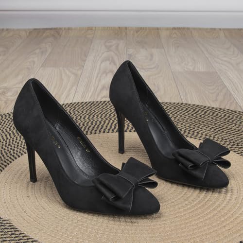 Pointed Closed Toe Bow Pumps for Women 4 Inch Sexy Faux Suede High Heels Women's Dress Slip On Stilettos Comfortable Wedding Daily Formal Shoes3
