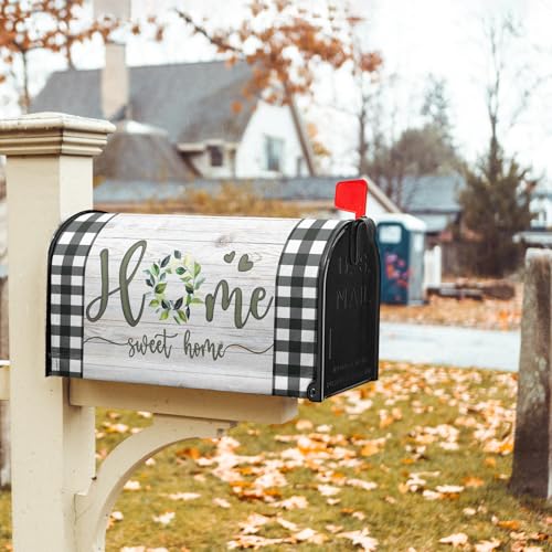Image of Home Sweet Home Magnetic Mailbox Cover, Spring Leaf Buffalo Plaids Decorative Waterproof Mailbox Wrap Letter Post Cover for Garden Yard Outdoor Outside, 21x18in Standard Size