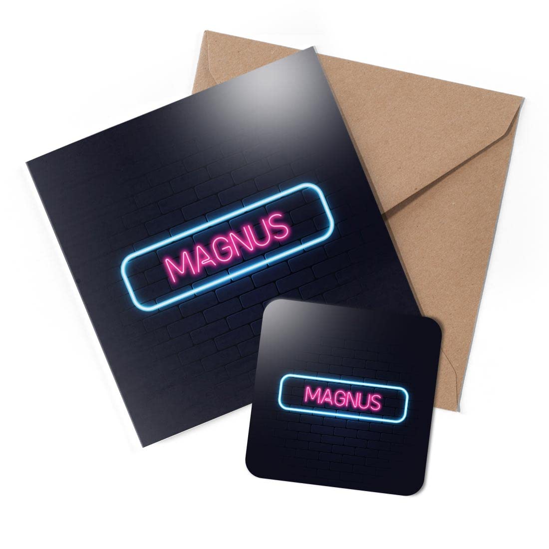 1 x Greeting Card & Coaster Set - Neon Sign Design Magnus Name - Birthday Thank You Friend Lover Fan Mum Dad Kids #352251