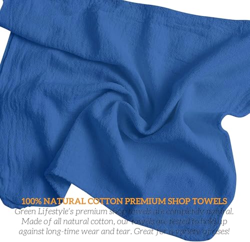 Image of GREEN LIFESTYLE Shop Towels 12 inch x 14 inch 100 Pack - Blue Cotton Shop Towels, Cleaning Rags Bulk, Reusable Shop Rags, Absorbent Terry Cloth Cleaning Towels for Garage, Industrial and Housekeeping Use