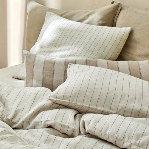 Image of VM VOUGEMARKET Beige Duvet Cover King with Black Stripes,Japanese Style Washed Linen Cotton Duvet Cover with 2 Pillowcases,Breathable Comforter Cover for Cozy Minimalist Bedrooms