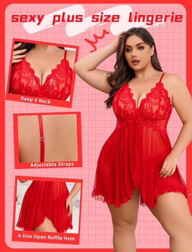 Image of Avidlove Plus Size Lingerie for Women Sexy Lingerie Dress Lace Babydoll Lingerie V-Neck Open Front Strap Nightdress
