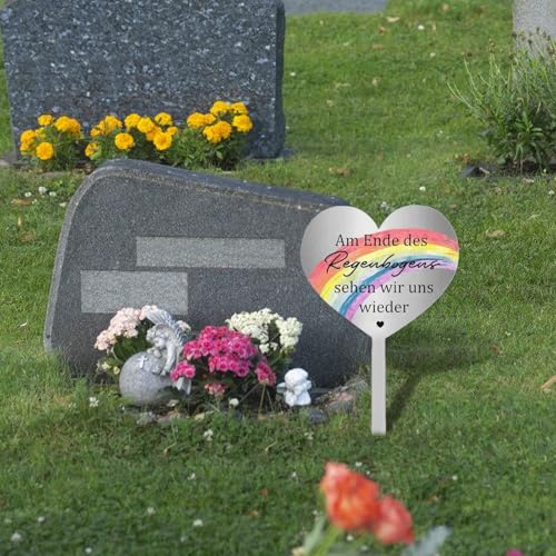 Grabstecker Wetterfest Herz Edelstahl Grabstecker, Grabdekoration Wetterfest Grabschmuck mit Gravur Am Ende des Regenbogens Sehen Wir Uns Wieder, Grab Deko zum Erinnerung Andenken Dekoherz Traue