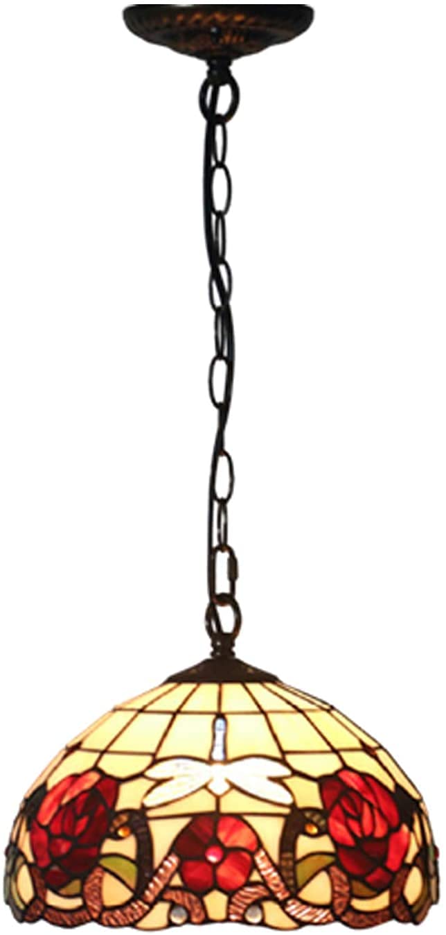 HJRegaFimu Dragonfly Pendant Light Handmade Vintage Stained Glass Ceiling Lamp Chandelier For Dining Room Balcony E27 30cm (e)