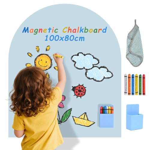 HIUYRFS Pizarra magnética infantil autoadhesiva, pizarra de pared en forma de arco con colores pastel y tizas, pared magnética para niñas y niños (azul)