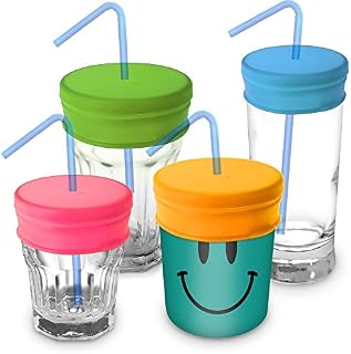iGadgitz Home Reusable 100% Food Grade BPA Free Soft Silicone Spill-Proof Travel Straw Lids for Most Drinking Cups & Glasses  Pack of 4 (Pink, Yellow, Green, Blue)