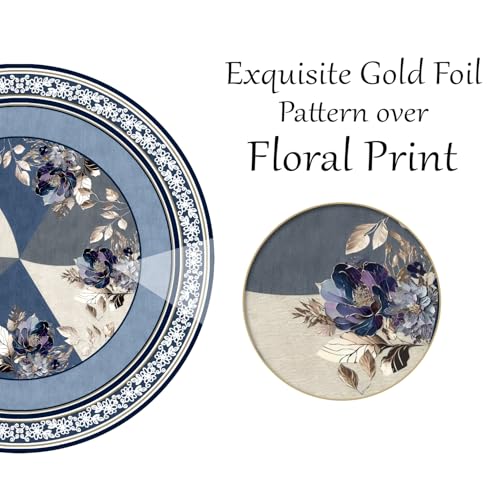 Image of Cloth Fusion Velvet Floral Round Shape Dining Table Cover Cloth 4 Seater with Stunning Gold Foil Design for Home Decor (60 Inch Round, Blue)