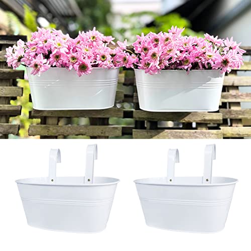 LaLaGreen Outdoor Rail Planter (2 Pack, 11.8 Inch) Metal Iron Hanging Flower Pot Deck Railings White Fence Bucket Modern Countryside Boho Style Wall Mount Window Box Plant Holder Hooks Porch Decor