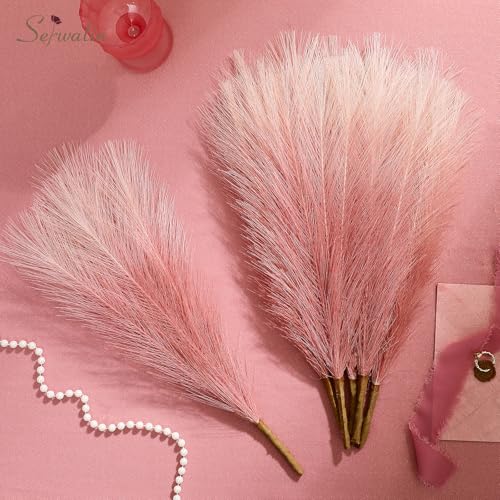 Image of Serwalin Gradient Pink Pampas Grass Decor, 17.7 Inch 6pcs Faux Pampas Grass, Artificial Pampas Grass for Wedding Table Centerpieces Decoration
