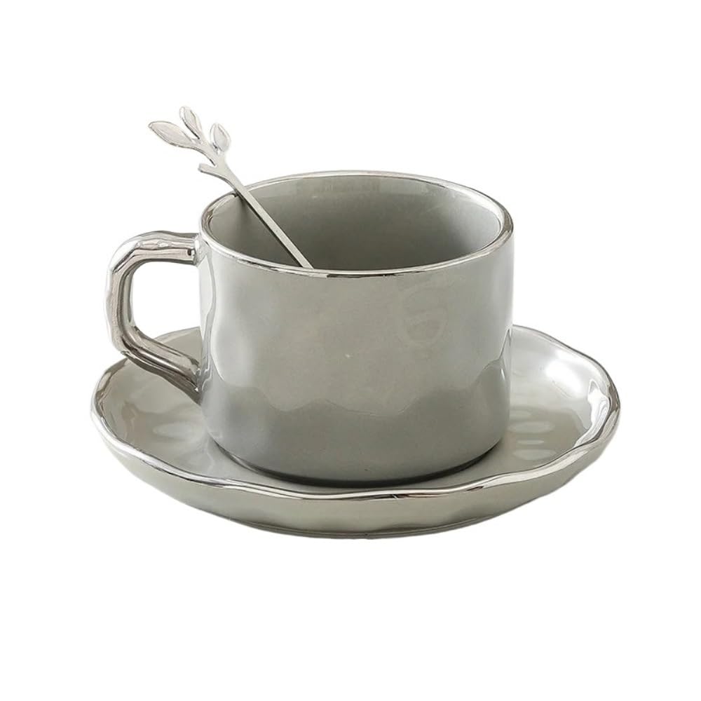 Duże ceramiczne kubki do kawy, Zestaw ceramicznych kubków do kawy ze spodkiem i łyżeczką, 230 ml, wielokolorowy(Light Grey)