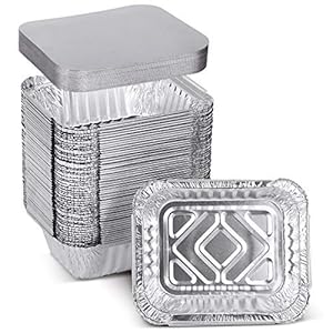 XIAFEI 1LB Takeout Foil Pans with Lids(50 Pack), Recyclable Food Storage,Disposable Aluminum Foil for Catering Party Meal Prep Freezer Drip Pans BBQ Potluck Holidays- 5.5″ x 4.5″x 1.57″