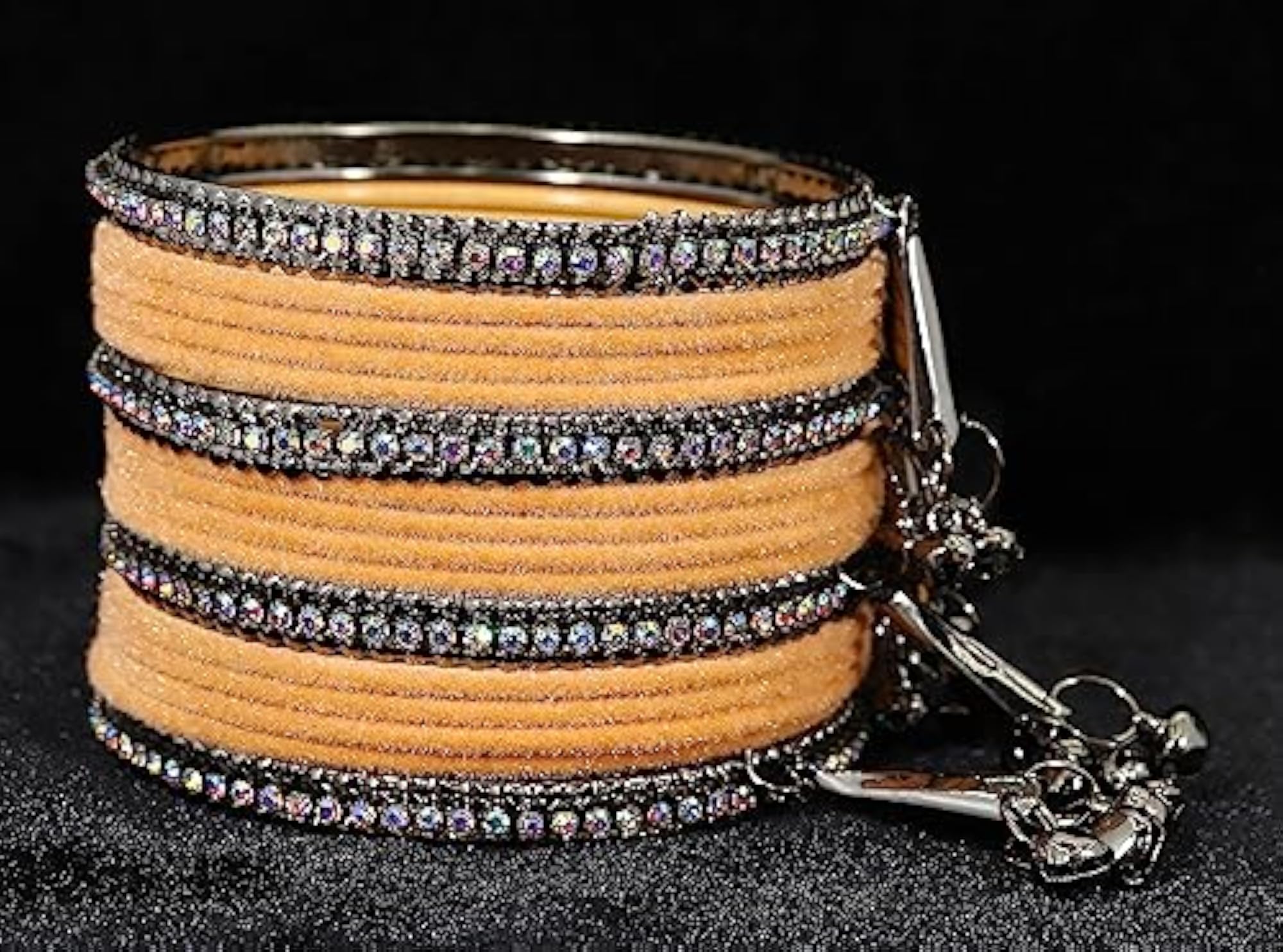 Zircon Gemstone Metal Bangle Set with Velvet Bells, Grey