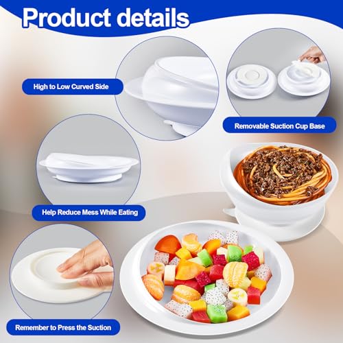Hushee Adaptive Spill Proof Scoop Bowl and Plate Set with Suction Base Non Skid Self Feed Dinnerware for Elderly Disabled Handicapped from Parkinsons, Dementia, Stroke, Tremor(2 Sets,White) - Image 5
