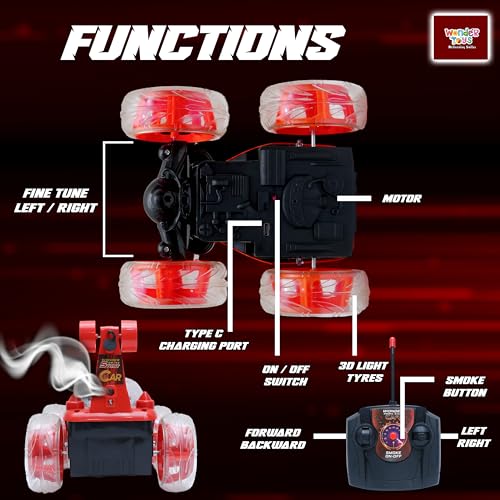 Image of Wonder Stunt Rc Car | Smoke Function and Led Lights | Abs Plastic Body | 360 Degree Spinning Wheels Rechargeable Battery Type C Charging | Remote Control Toy for Kids - Red