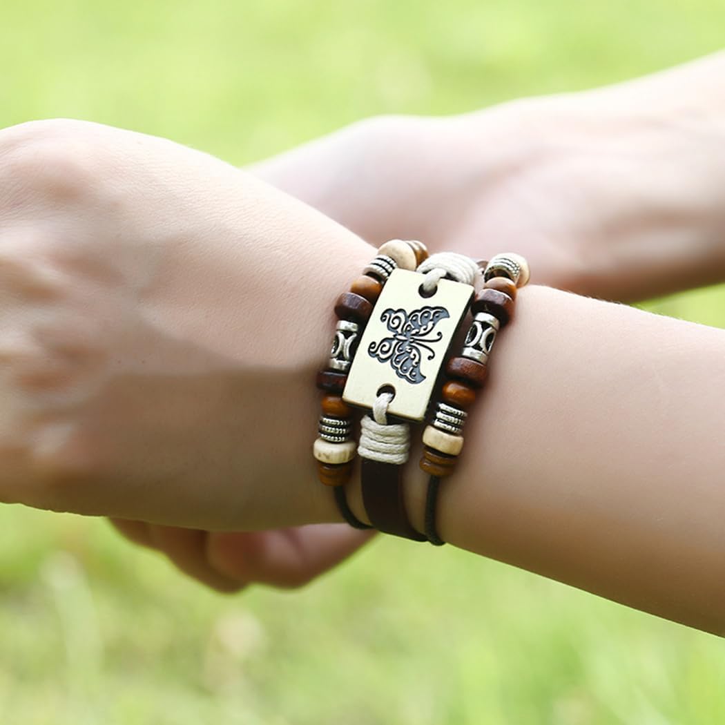 Butterfly Leather Bracelets Brown Stackable Bracelets Braided Beaded Bracelet for Women and Men - Image 2