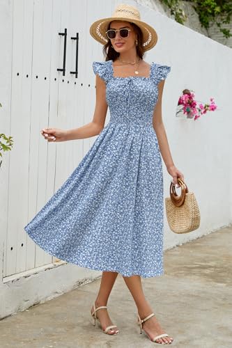 Image of Women's 2026 Spring Summer Floral Midi Dresses Square Neck Smocked Waist Beach Wedding Guest Long Flowy A Line Sundress