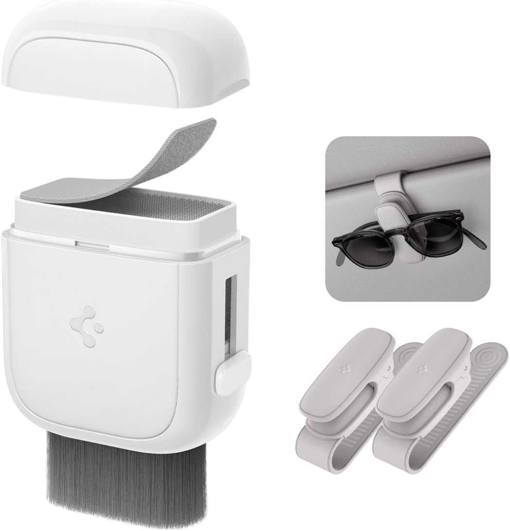 Spigen EZ Slide & Brush Screen Cleaner for Car (White) with 2 Pack Silicone Clip Sunglass Holder for Car Sun Visor (Gray)