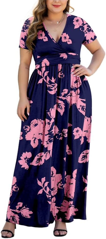 Women's L-5XL Short Sleeve V-Neck Plus Size Maxi Dresses with Pockets - Image 2