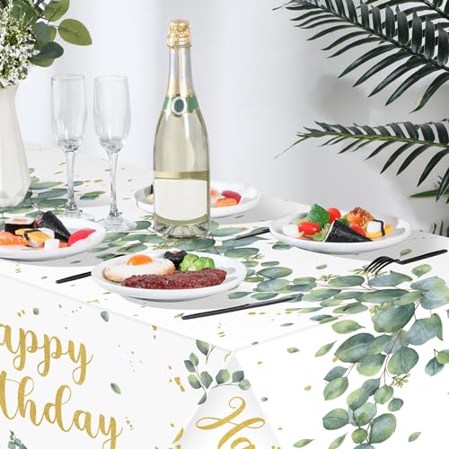 Image of Hahafelt 3 Pcs Sage Green Disposable Tablecloth Happy Birthday Table Cover 54 x 108 Inch Eucalyptus Leaf Plastic Table Cloth Greenery Birthday Party Decorations for Boys Girls Women Men