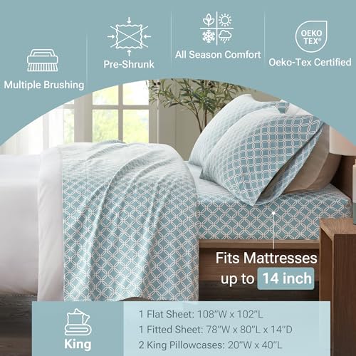 Image of True North by Sleep Philosophy Cozy Flannel Warm 100% Cotton Sheet - Novelty Print Animals Stars Cute Ultra Soft Cold Weather Bedding Set, King, Aqua Geo 4 piece