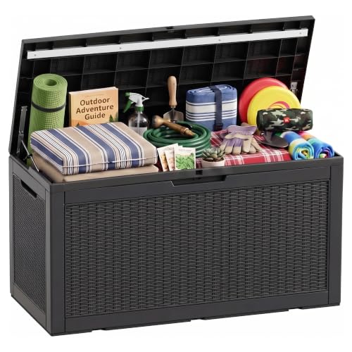 Image of 130 Gallon Outdoor Storage Box Waterproof, UV Resistant Resin Deck Box for Patio Furniture, Outside Storage Box for Garden Tools, Patio Cushions, Black