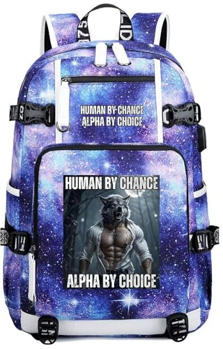 Human By Chance Alpha By Choice College Bags, Durable Outdoor Laptop Backpack, Alpha Wolf Meme Large Capacity Mochila (Universe blue)