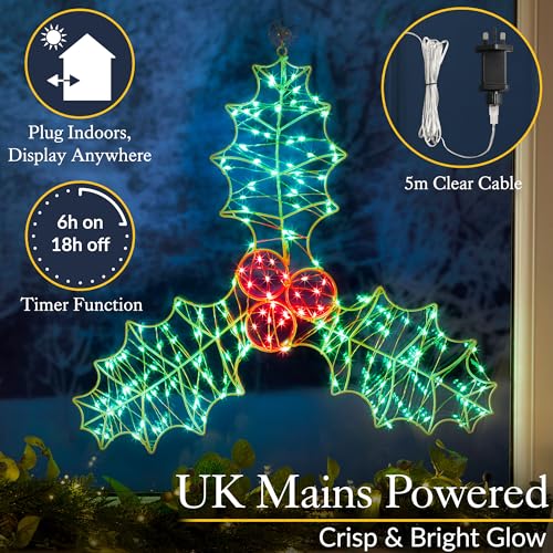 Christow Holly Berry Christmas Light, 45cm Wall Window Decoration, Micro LED Silhouette, Indoor Outdoor, Mains Operated - Image 5