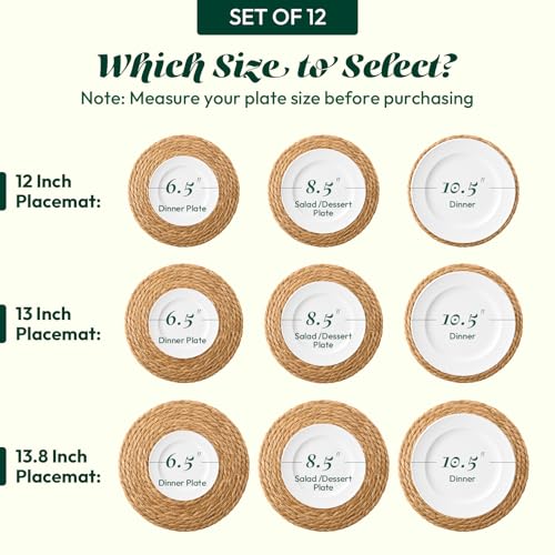 Image of 13 in Round Woven Placemats Plate Chargers Set of 12, Boho Farmhouse Rustic Woven Place Mats for Kitchen Dining Party Table Decor, Rattan Wicker Table Mats Jute Braided Chargers for Dinner Plates