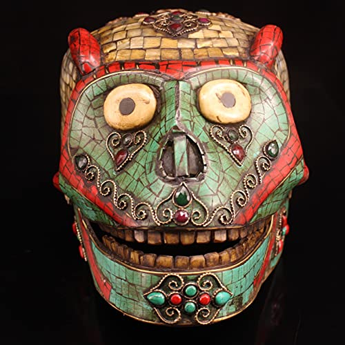 9"Nepal temple Old Bronze Painted mosaic Gem shell Monkey Head Mask Skull Corpse forest master mask Town House Exorcism