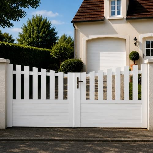 Gefradis Portail battant Manuel PVC Blanc Structure renforcée Largeur 350 cm x Hauteur 145 cm Semi ajouré ALENCON incurvé