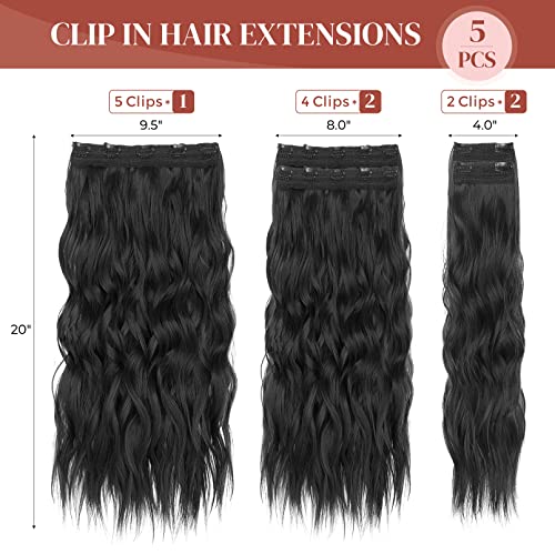 Hair Extensions，Lonai 5Pcs Clip In Hair Extensions 20“ Long Thick Wavy Hairpiece With Invisible Lace Weft For Women-Black #TOP1