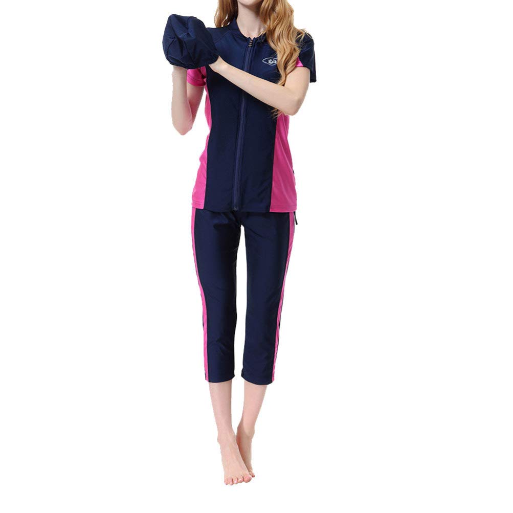 FENICAL Muslim Women Swimsuit Set Traditional Swimwear Swim Cap Top Pant Islamic Hijab Modesty Modest Swimsuit Costume Size M (Navy Blue) - Slim Fit