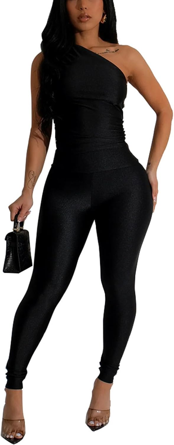 Ekaliy 2 Piece Outfits for Women Sexy One Shoulder Crop Top Bodycon Pants Set Clubwear - Image 2