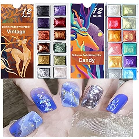 CHARMING MAY Nail Watercolor Paint Set,24 Colors Shimmer Solid Watercolor for Nails,Metallic Nail Color Powder,Metallic Powder for Nails (candy+brown) Cover