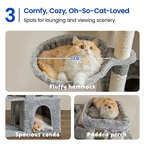 Image of MWPO Extra Large Cat Tree - 70.1-Inch Tall Cat Tower with 3 Cat Condos, Multi-Level Cat Stand for Large Cats Featuring Scratching Posts, Padded Perches, Hammock, Dangling Toys, Light Grey
