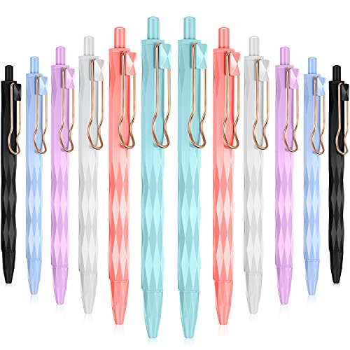 12 Pieces Retractable Gel Ink Pens, Black Ink Pastel Pens, 0.5 mm Writing Ballpoint Pens, Fine Point Pen with Rhombus Design, Metallic Clip, Colorful Soft Comfort Hand Grip Pens for Home School Office