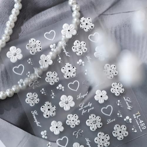 Image of White Flower Nail Stickers 5D Embossed Nail Stickers Decals | with Polka Dot Design Self Adheive Nails Art Supplies Charms for Women Manicure DIY Decoration