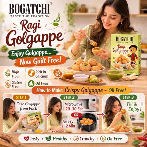 Image of BOGATCHI RAGI Gol Gappe 200g | Healthy Millet Pani Puri | Crunchy, Ready-to-Eat Snack | High Fiber, No Maida | Guilt-Free Indian Street Style Food (Ragi) | Microwave, Air Fry or Fry Snacks