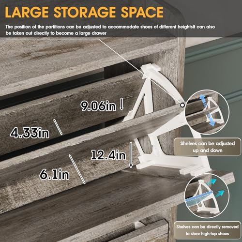 Image of Maupvit Shoe Storage Cabinet with 3 Flip Drawers, Freestanding Organizer with Metal Legs for Entryway, Narrow Shoe Rack Cabinet, Light Rustic Oak