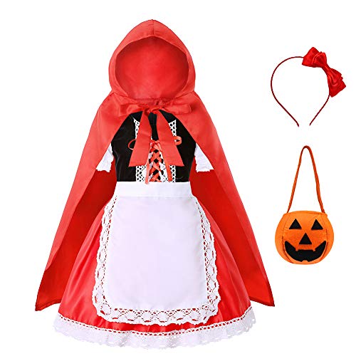 Dormstop Girls Little Red Riding Hood Costume Dress Up Outfits with Cloak Headband Pumpkin Bag 4-5T