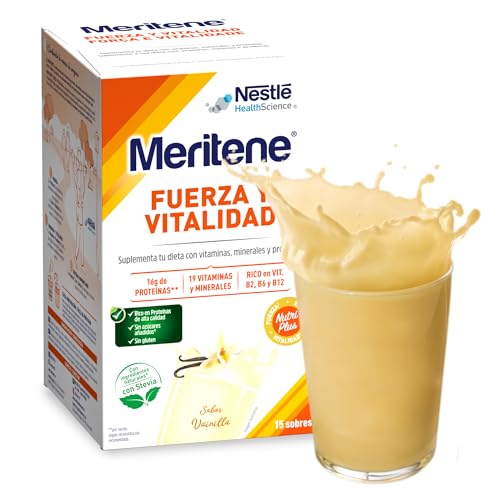 Meritene | Fuerza y Vitalidad | Batidos Sabor Vainilla | Fuerza para tus Músculos, Vitalidad para ti | Solución Nutricional para Adultos con Proteínas, Vitaminas y Minerales | 15 Sobres | 450 gr