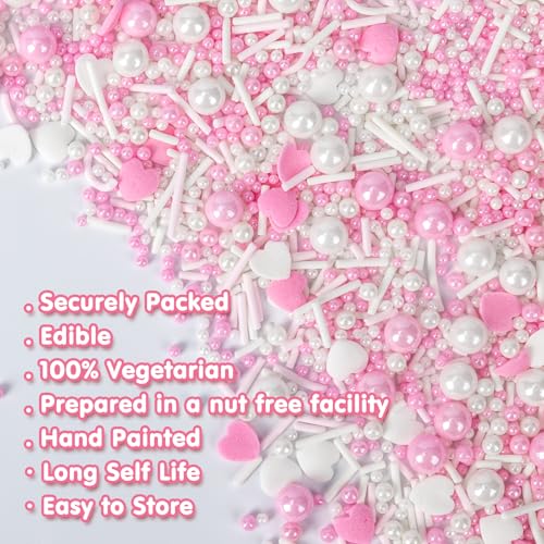Image of Edible Heart Sprinkles for Cake Decorating,White Pink Pearl Sugar Jimmies Mix Size 130g /4.58oz,Baking Candy Decorations,Cupcake Toppers,Cookie Donuts Ice Cream Dessert Decorating,Wedding Birthday Party Supplies