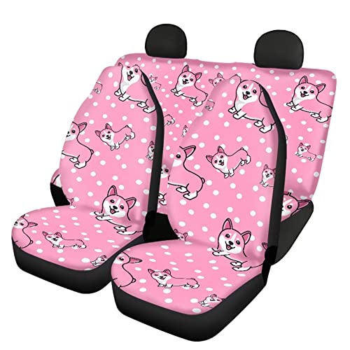 Image of Modysero Polka Dots Corgi Print Pink Car Set Cover Full Set Durable Soft Front Rear Bench Seat Cover Set for Women Elastic Breathable Automotive Seat Protector Universal Fit All Cars Trucks
