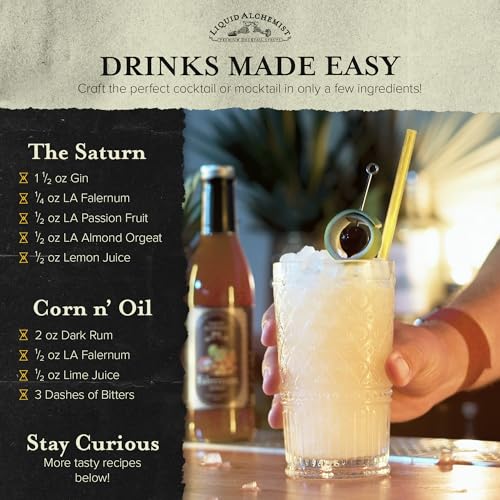 Image of Liquid Alchemist Falernum Syrup for Cocktails - Real Ingredients Make our Falernum Cocktail Syrup a Great Mixer for any Tiki Drink - Our Drink Mixer is Non-GMO Gluten Free & Vegan (12.7 oz)