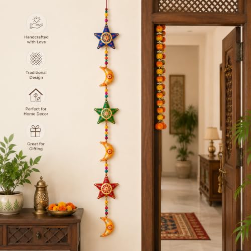 Image of Bindian Toran for Main Door, Decorative Door Thoranam Hanging, Diwali Decoration for Home Entrance, Wall Decor Hanging Ornament, Traditional Festive Welcome Decor for House (Star Moon Pack of 2)