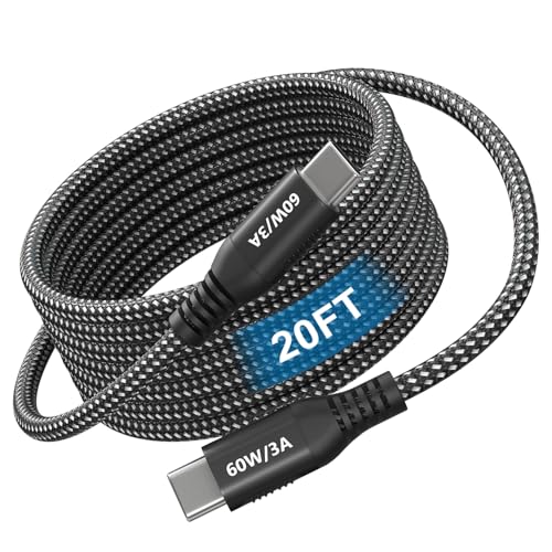 Image of USB C to USB C Cable 20ft, Super Long 60W Type C to C Charging Cord Braided USB 2.0 Data Transfer Long USB C Cable Compatible with iPhone 15 /16, Samsung Galaxy, Pixel, Pad Pro /Air, MacBook Pro /Air